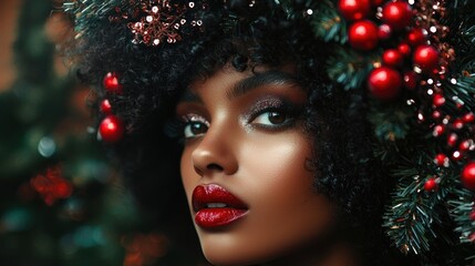 Wall Mural - glamorous xmas model: a close-up of a woman with bold holiday makeup and an intricate wreath hairsty