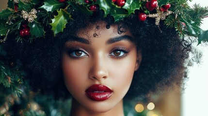 Wall Mural - glamorous xmas model: a close-up of a woman with bold holiday makeup and an intricate wreath hairsty