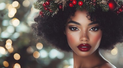 Wall Mural - glamorous xmas model: a close-up of a woman with bold holiday makeup and an intricate wreath hairsty