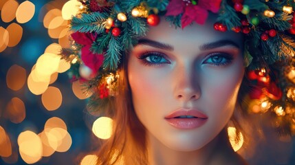 Wall Mural - charming xmas portrait: a close-up shot of a woman with enchanting makeup and a colorful wreath hair