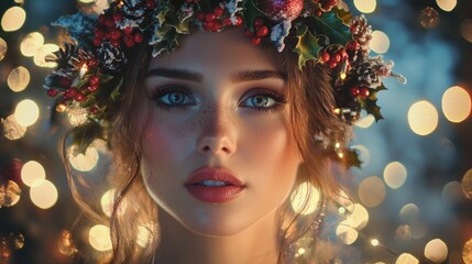 Wall Mural - charming xmas portrait: a close-up shot of a woman with enchanting makeup and a colorful wreath hair
