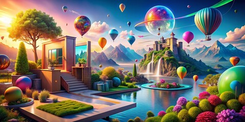 Poster - Surreal 3D Illustration for Online Promotion Featuring Abstract Digital Elements and Engaging Marketing Concepts in a Vivid Color Palette for Innovative Branding Solutions