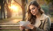 © SVETLANA - Beautiful young woman reading a love letter on a bench in a quiet park with a soft sunset background, copy space