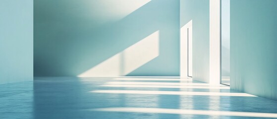 Poster - minimalist art gallery interior with clean bright walls and shifting shadows dancing across the pris