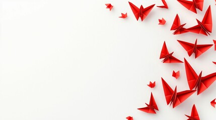 Poster - Paper join us. Red paper cranes scattered on a light background.
