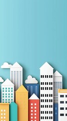Poster - Paper join us. Colorful paper cutout skyline with blue background and clouds.