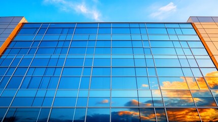 Poster - Modern glass building reflecting sunset sky.