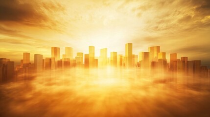 Poster - Golden Cityscape at Dawn with Visionary Structures and Majestic Light Effects