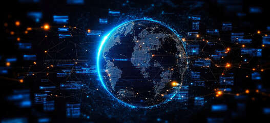 Poster - global satellite communication network concept with earth in cyberspace