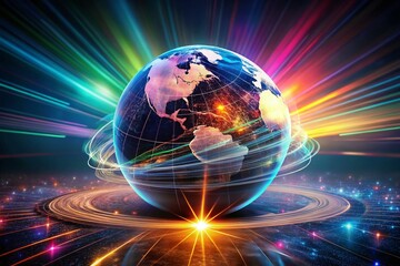 Poster - Surreal Illuminated Globe with Digital Effects Against Dark Background Creating a Captivating Visual Experience of Global Connectivity and Technology Innovation