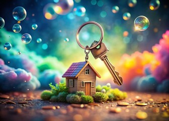 Poster - Surreal Imagery of a House Key Resting on a House-Shaped Keychain Against a Dreamlike Background of Abstract Shapes and Colors