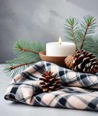 Aufkleber - Photo of a cozy winter scene featuring plaid, anise, pine cones, cotton branches, all set against a soft pastel gray background.