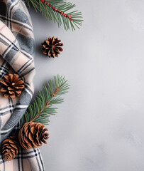 Aufkleber - Photo of a cozy winter scene featuring plaid, anise, pine cones, cotton branches, all set against a soft pastel gray background.