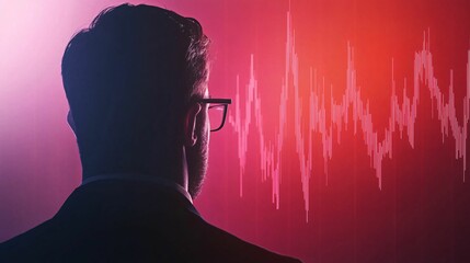 Poster - private equity managers. man in glasses silhouetted against a sound wave graphic.