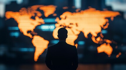 Poster - private equity managers. silhouette of a man against a glowing world map background.