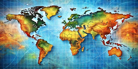 Poster - Surreal Representation of the World Map in Web Mercator Projection Featuring Detailed Borders, Countries, and a 5-Degree Grid for Geographical Visualization