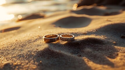 Two wedding rings on a sandy beach at sunset.