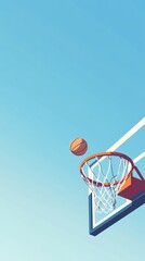 Poster - Basketball flies towards the hoop against a blue sky, capturing outdoor sports excitement. Dynamic action, athleticism, and skill shine in this bright image