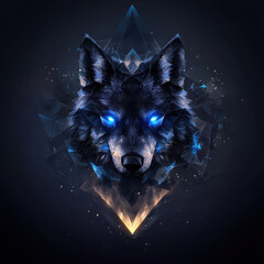 Poster - Epic esports event geometric wolf head with neon blue accents on dark background in futuristic arena