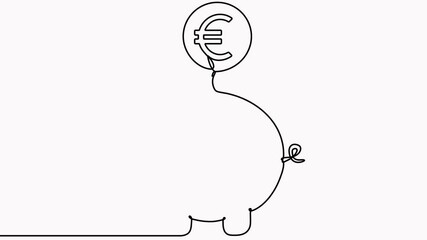 Poster - Piggy bank with falling euro coin continuous one line drawing animation. Saving money concept. Investment symbol video.