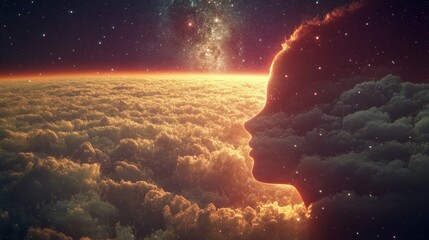 Wall Mural - woman's face silhouette in sunset cloudscape.