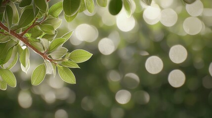 Poster - Lush Green Leaves with Soft Bokeh Background Creating a Serene Natural Atmosphere in Bright Illumination