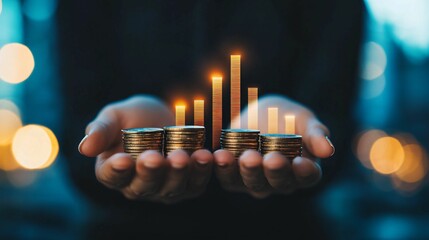 Poster - Rates and value appreciation. Hands holding coins with a digital growth chart overlay.