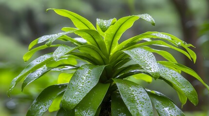 Poster - Lush Green Photorealistic Leaves with Rain Water Droplets in a Natural Setting