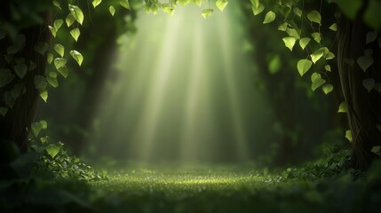 Poster - Lush Green Forest with Rays of Light Filtering Through Leaves in Photorealistic Style