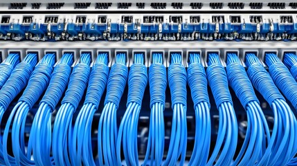 Poster - A close-up of blue network cables connected to a server rack for data transmission.