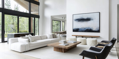 Poster - Creating a cozy atmosphere with white interior and natural textures in a modern living space featuring black frames