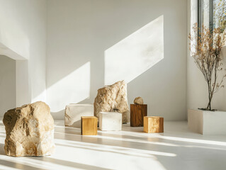 Aufkleber - Textural elements in minimalist white room enhancing contemporary interior design with natural light