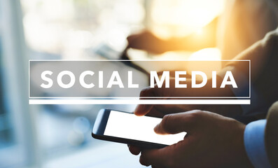Poster - Business person, hands and social media with phone screen for communication, online content or software platform. Closeup, employee or user on mobile smartphone display for connection, app or network