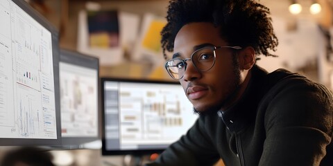 Poster - A focused individual analyzing data on multiple computer screens in an office setting.