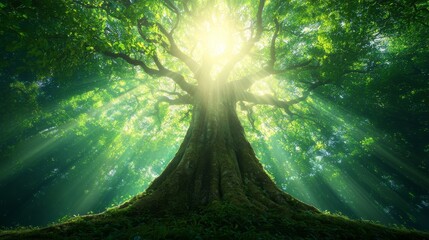 Poster - Lush Green Forest Tree with Sunlight Beaming through Leaves in a Photorealistic Style Capturing Nature's Beauty