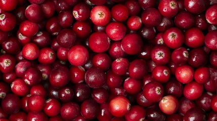 A vibrant collection of fresh red cranberries stacked closely together, showcasing their rich color and glossy texture.