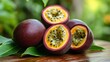 © wacharagorn - Fresh and vibrant passion fruits on a wooden surface, showcasing their unique purple exterior and rich, juicy interior.