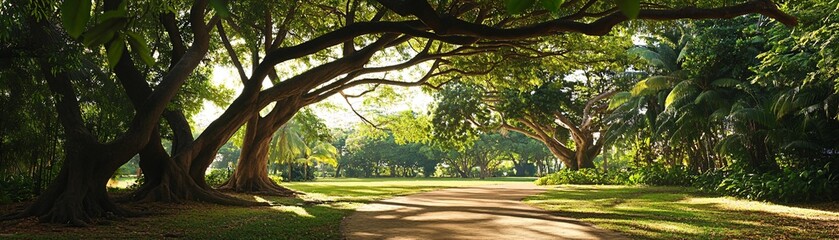 Intricate canopy network of tropical trees in serene park environment showcasing natures oxygen production system while demonstrating vital ecological processes during peak growth season