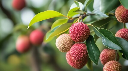 Fresh lychee fruits hanging on a tree branch surrounded by green leaves in a natural setting, showcasing vibrant colors.