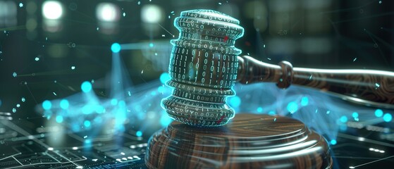 Digital Gavel: Futuristic Justice and Legal Tech Concept 3D Rendering