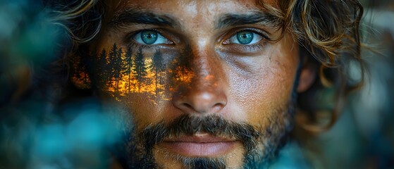 Poster - Intense Portrait of a Man with a Forest Reflected in His Face, Highlighting Deep Blue Eyes and Serene Nature, Capturing Connection Between Humanity and Wilderness