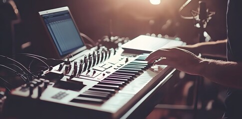 Poster - A close-up of a musician's hands playing a synthesizer in a studio setting.