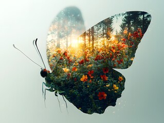 Poster - Enchanting Butterfly Silhouette Filled with Lush Forest and Vibrant Flowers at Sunset, Capturing Nature's Beauty and Serenity in a Dreamlike Composition