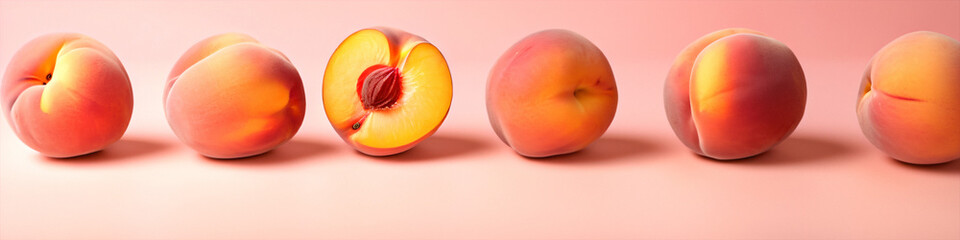 Poster - Fresh peaches are beautifully showcased on a soft pink background illuminated by warm natural light.