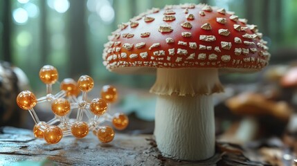 Poster - Amanita muscaria mushroom alongside molecular model in a forest setting during daylight