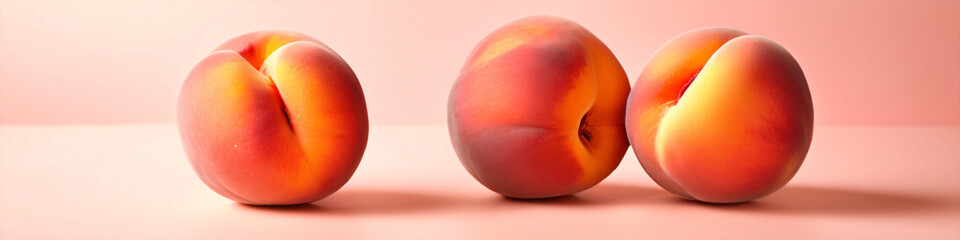 Poster - Fresh peaches are beautifully showcased on a soft pink background illuminated by warm natural light.