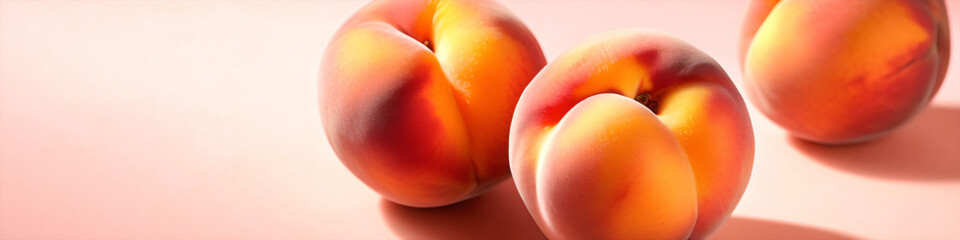 Poster - Fresh peaches are beautifully showcased on a soft pink background illuminated by warm natural light.