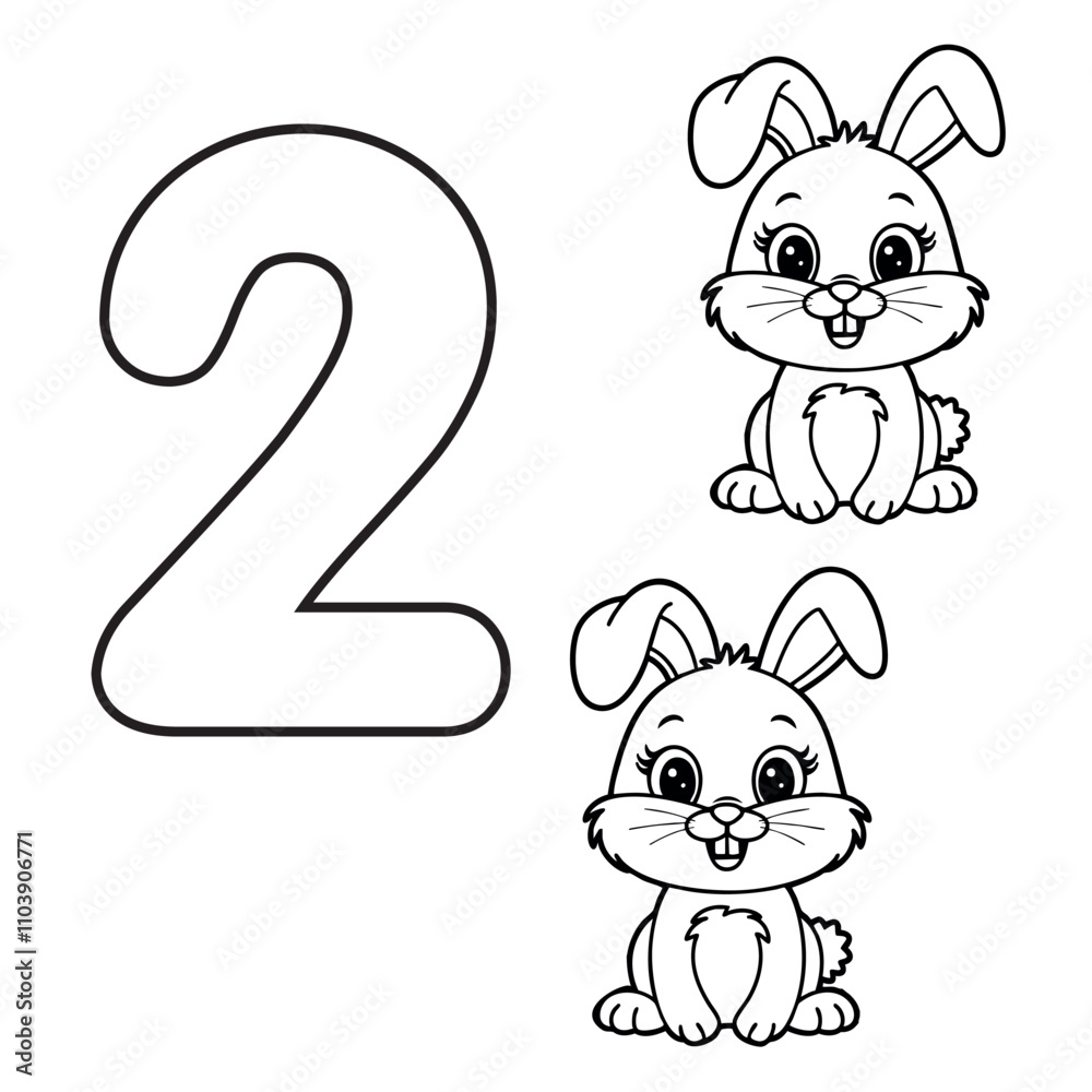 Number 2 coloring page for kids with two cute cartoon rabbits fun