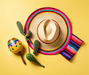 Aufkleber - Flat lay photo of Mexican sombrero, colorful poncho, maracas, and cactus decoration set against a pastel yellow background.