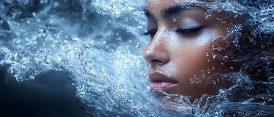 Poster - Ethereal Portrait of a Young Woman Surrounded by Water Droplets, Capturing Serenity and Beauty in a Stunning Aquatic Environment